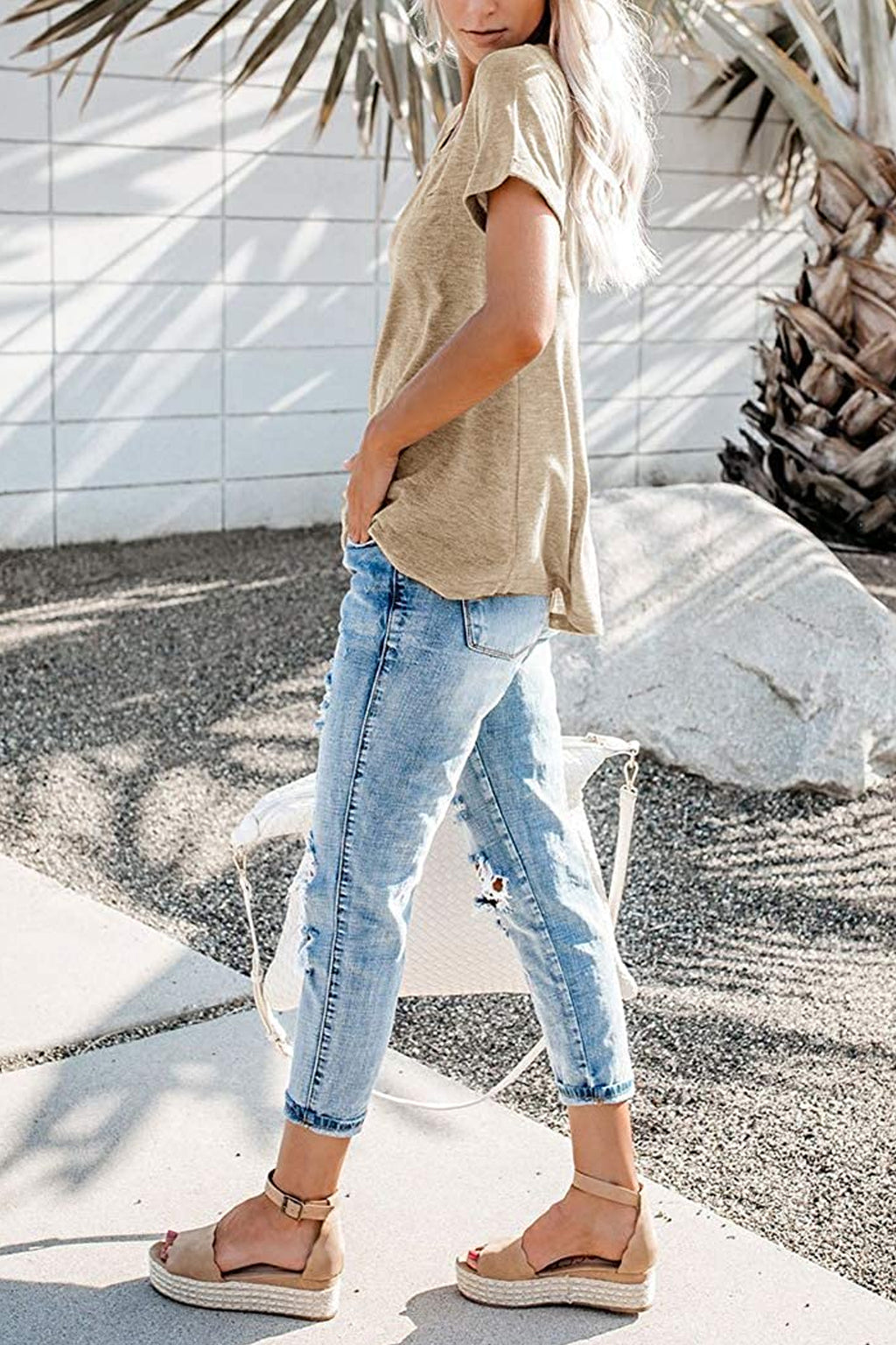 Bingerlily Khaki Roll Up Short Sleeve T Shirt