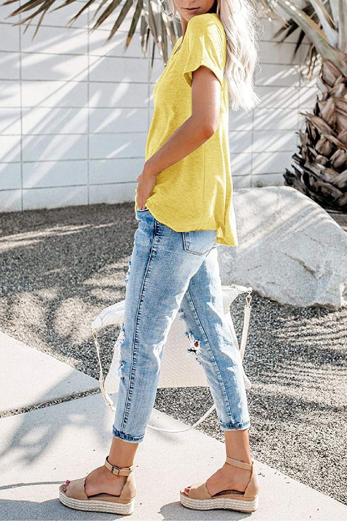 Bingerlily Yellow Roll Up Short Sleeve T Shirt