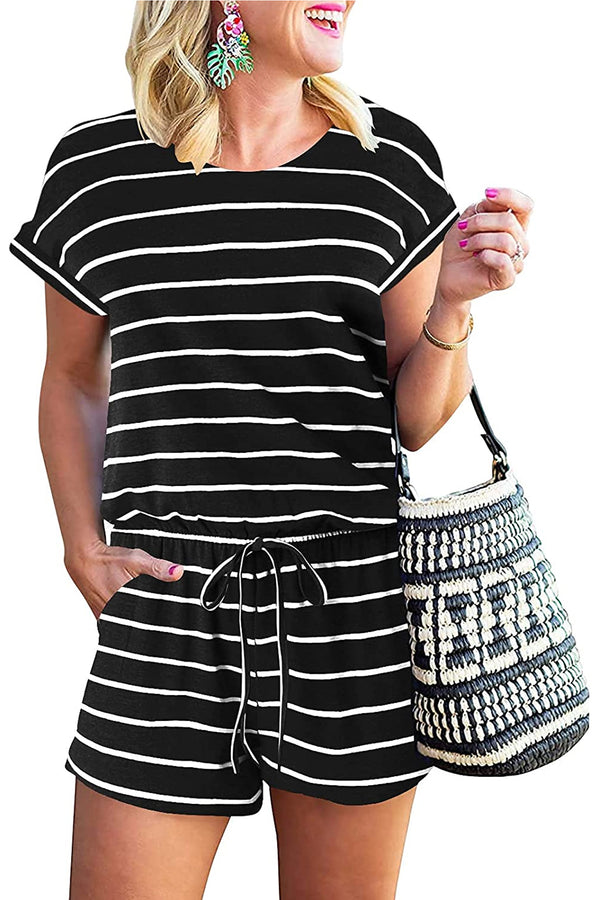 Bingerlily Women Black Stripe Short Sleeve Romper