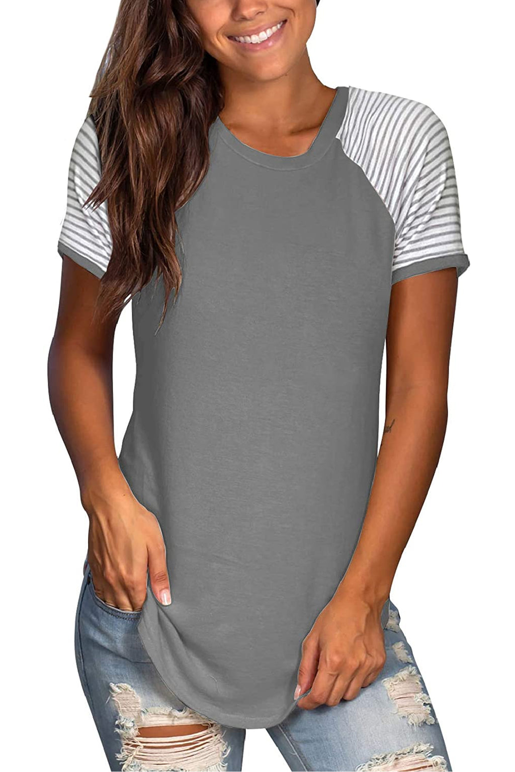 Bingerlily Gray Short Sleeve Stripe Tops