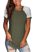 Bingerlily Army Green Short Sleeve Stripe Tops