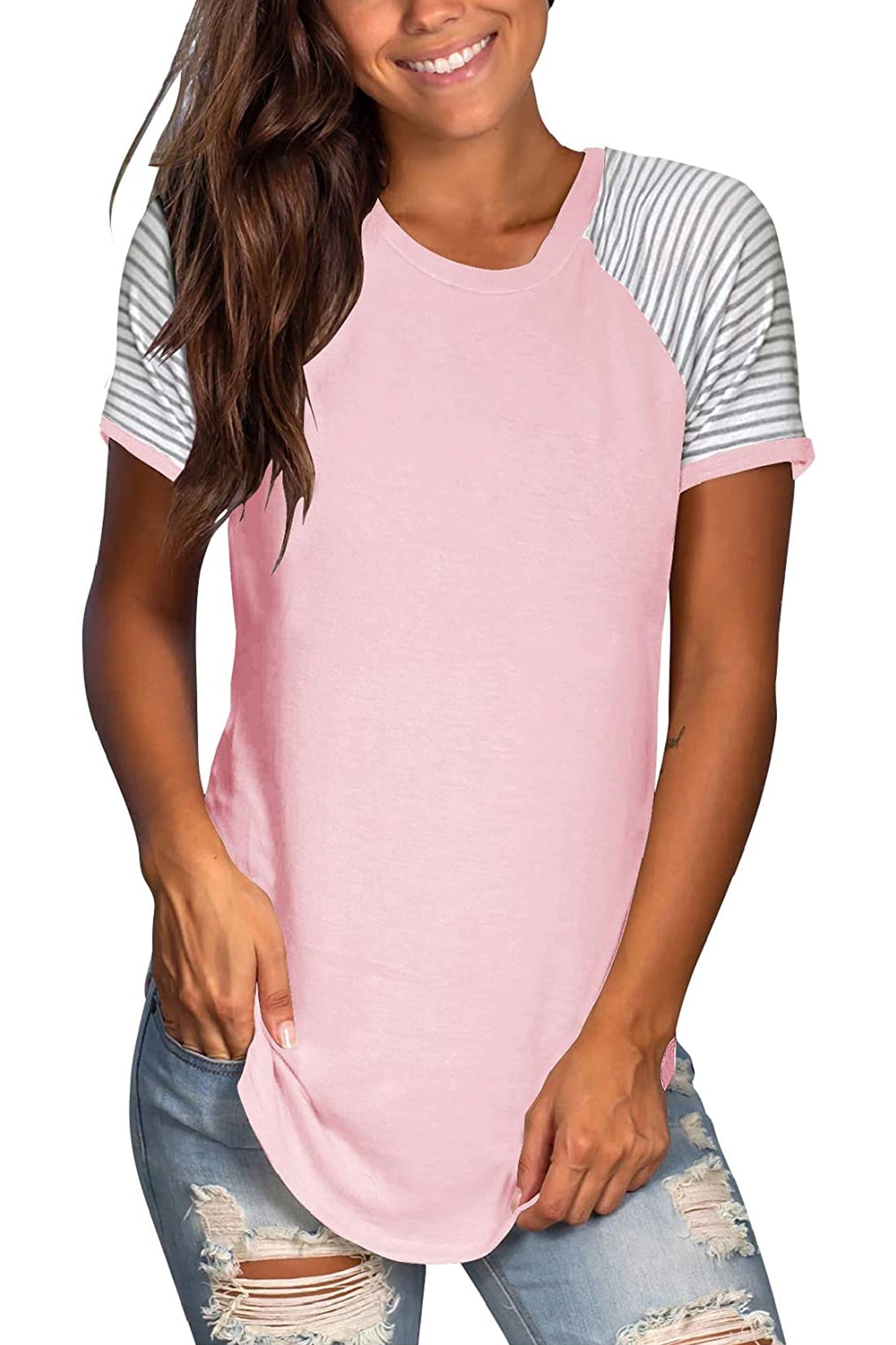 Bingerlily Pink Short Sleeve Stripe Tops