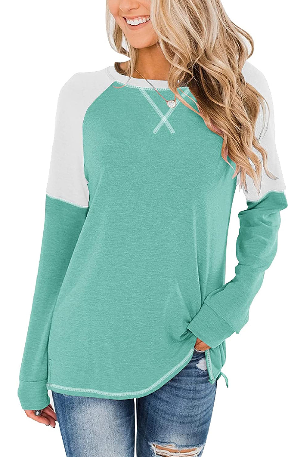 Bingerlily Women Green White Long Sleeve Tunic Top