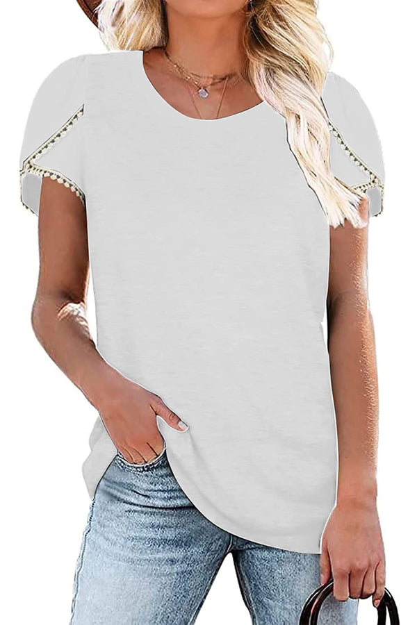 Bingerlily White Crew Neck Short Sleeve T Shirt with Lace
