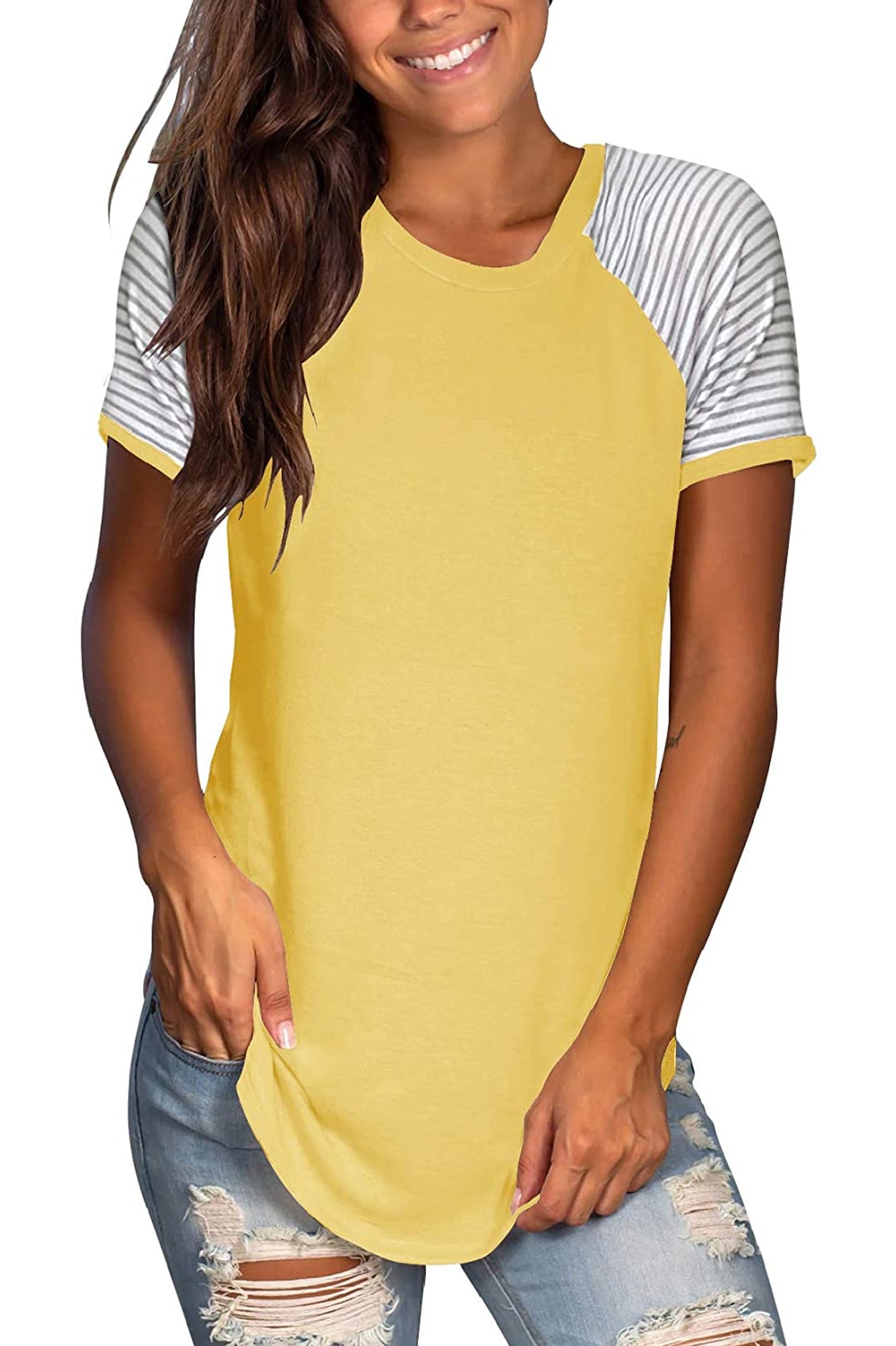 Bingerlily Yellow Short Sleeve Stripe Tops