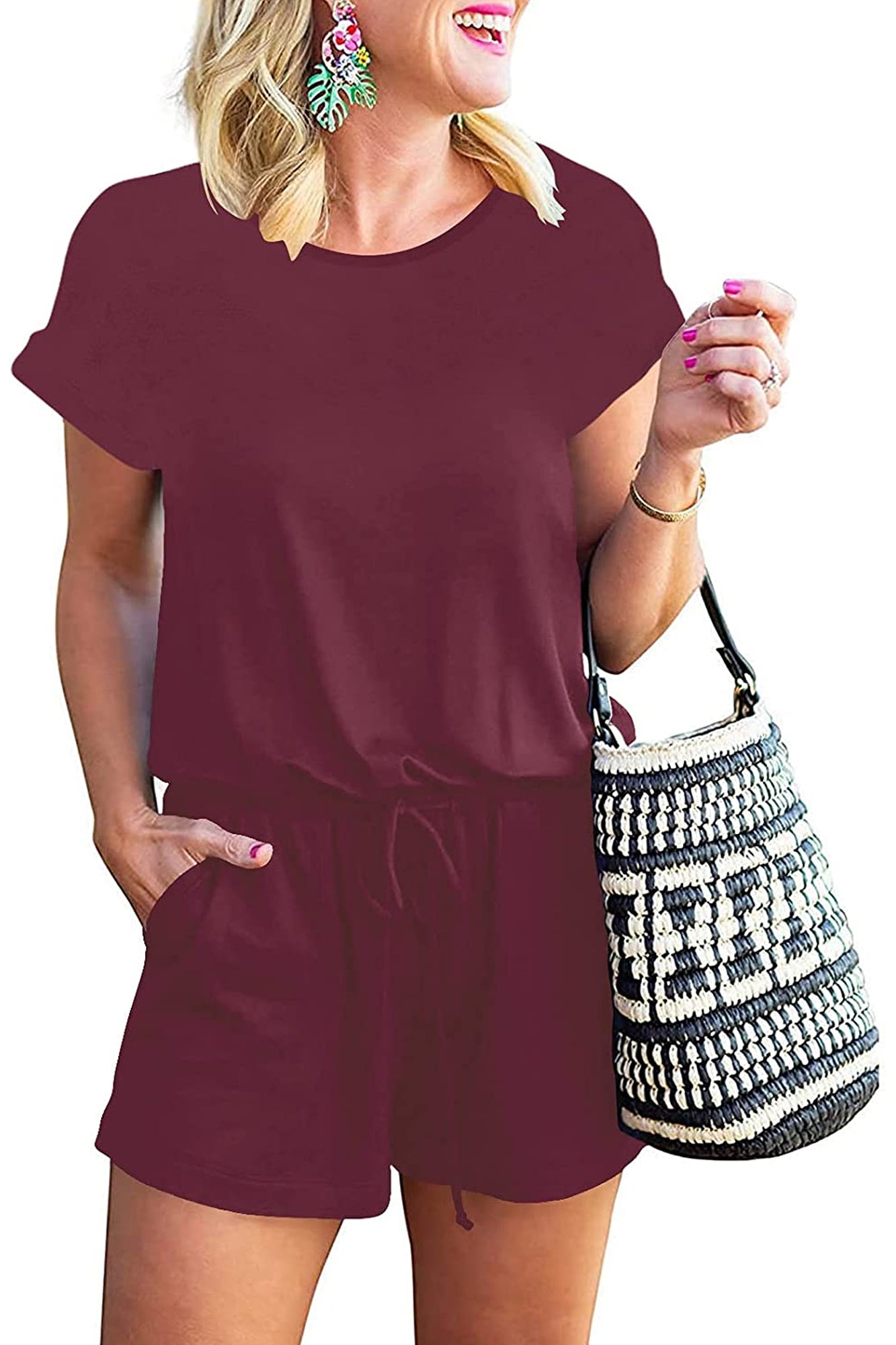 Bingerlily Women Wine Red Short Sleeve Romper