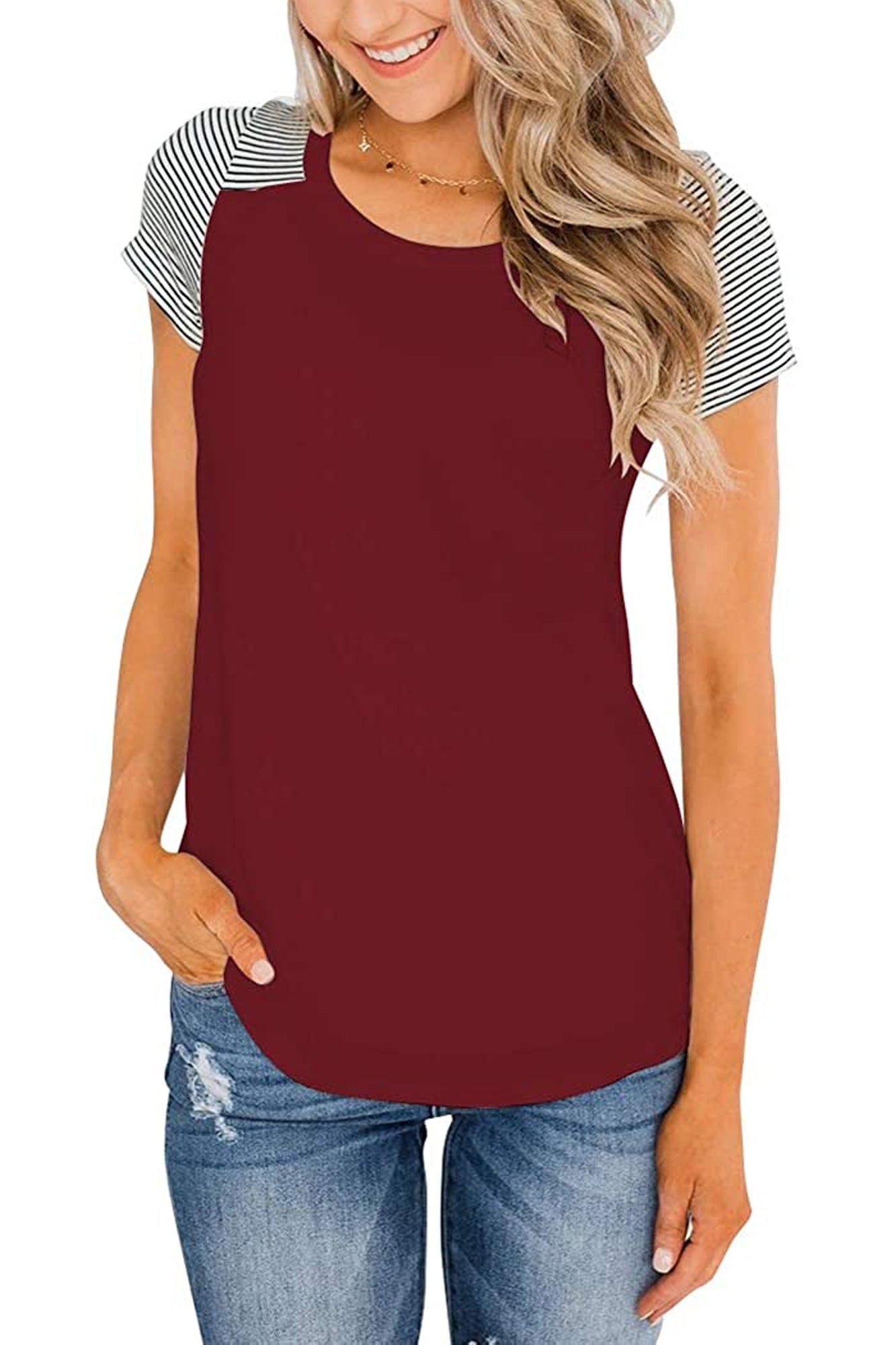 Bingerlily Wine Red Short Sleeve Stripe Tops