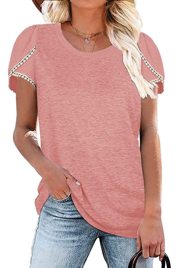 Bingerlily Peach Crew Neck Short Sleeve T Shirt with Lace