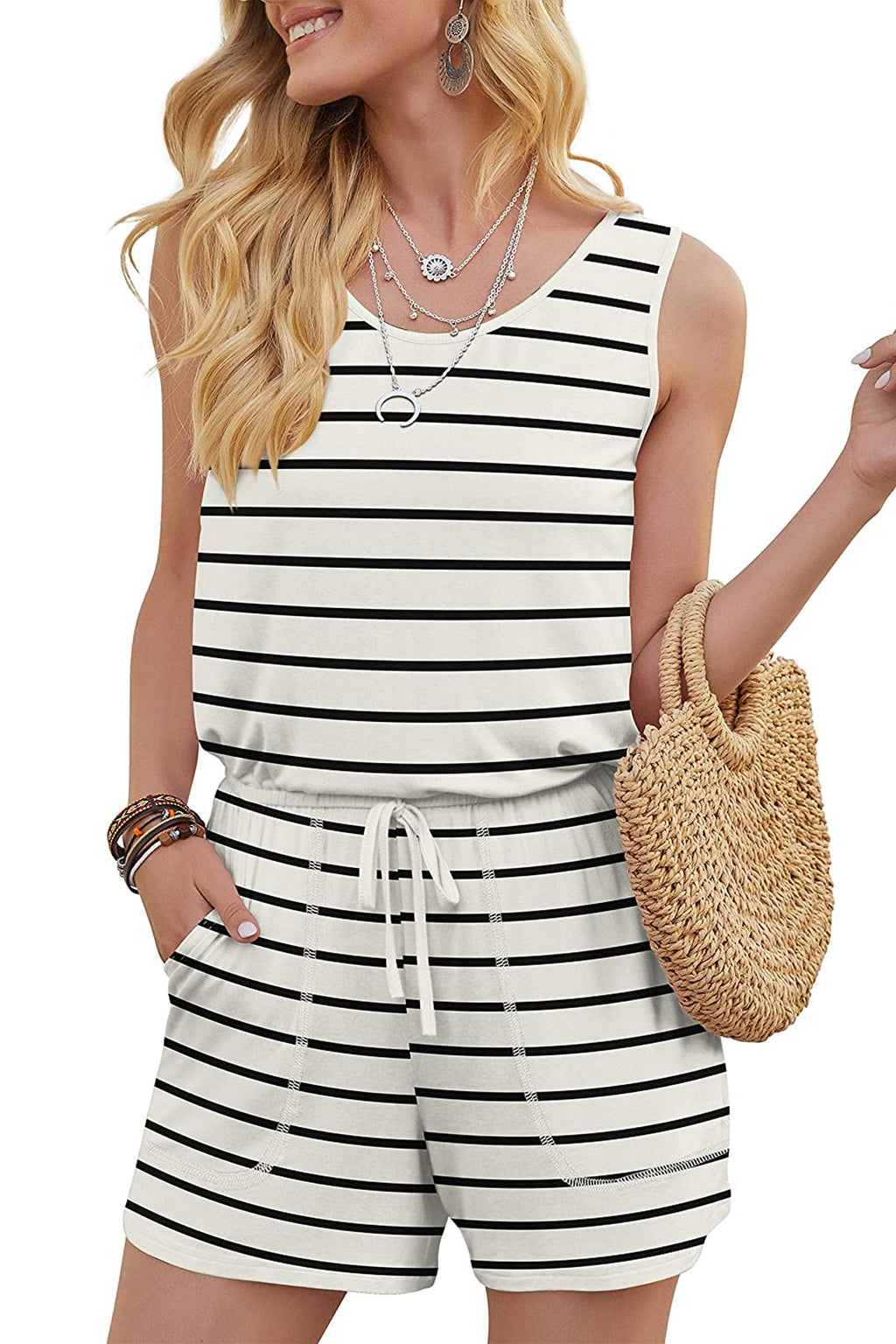 Bingerlily Women Stripe White Sleeveless Romper