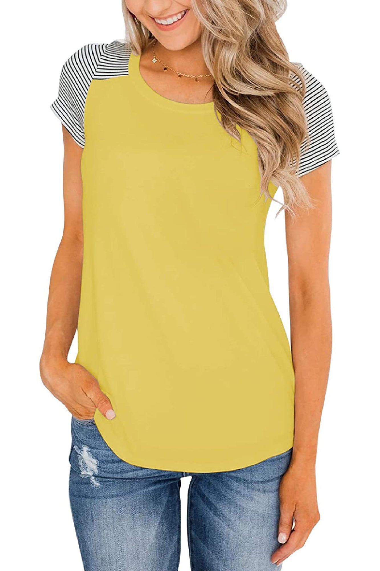 Bingerlily Yellow Short Sleeve Stripe Tops
