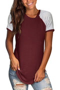Bingerlily Wine Red Short Sleeve Stripe Tops