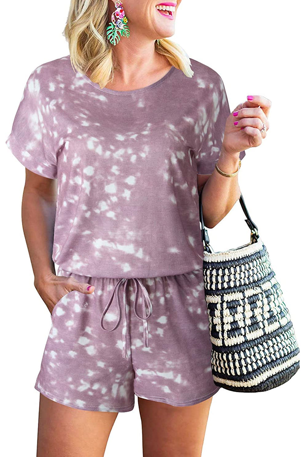 Bingerlily Women Purple Tie Dye Short Sleeve Romper