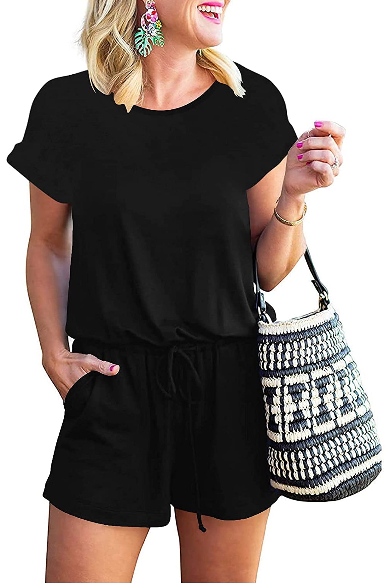 Bingerlily Women Black Short Sleeve Romper