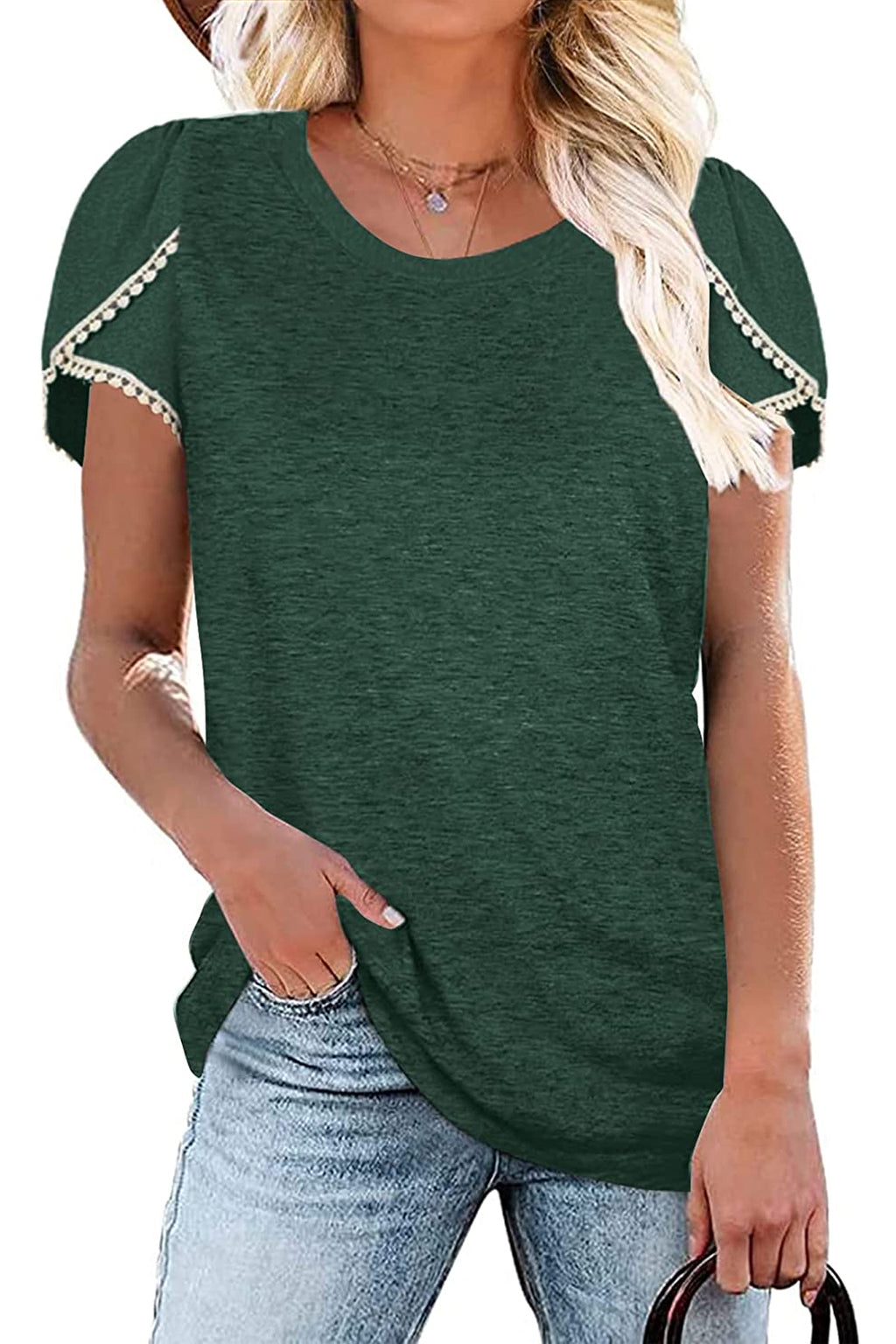 Bingerlily Green Crew Neck Short Sleeve T Shirt with Lace