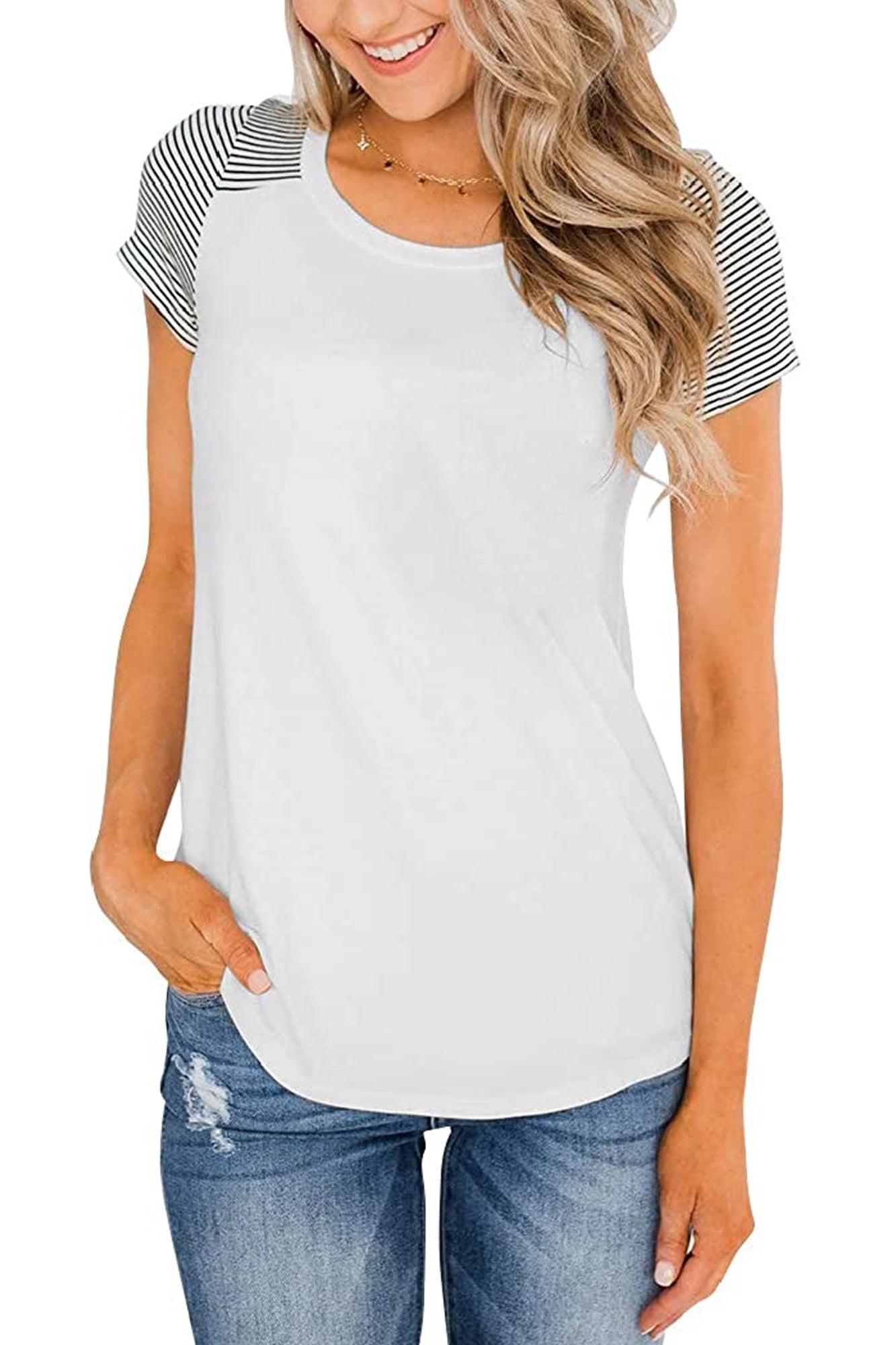 Bingerlily White Short Sleeve Stripe Tops