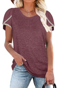 Bingerlily Wine Red Crew Neck Short Sleeve T Shirt with Lace