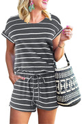 Bingerlily Women Grey Stripe Short Sleeve Romper