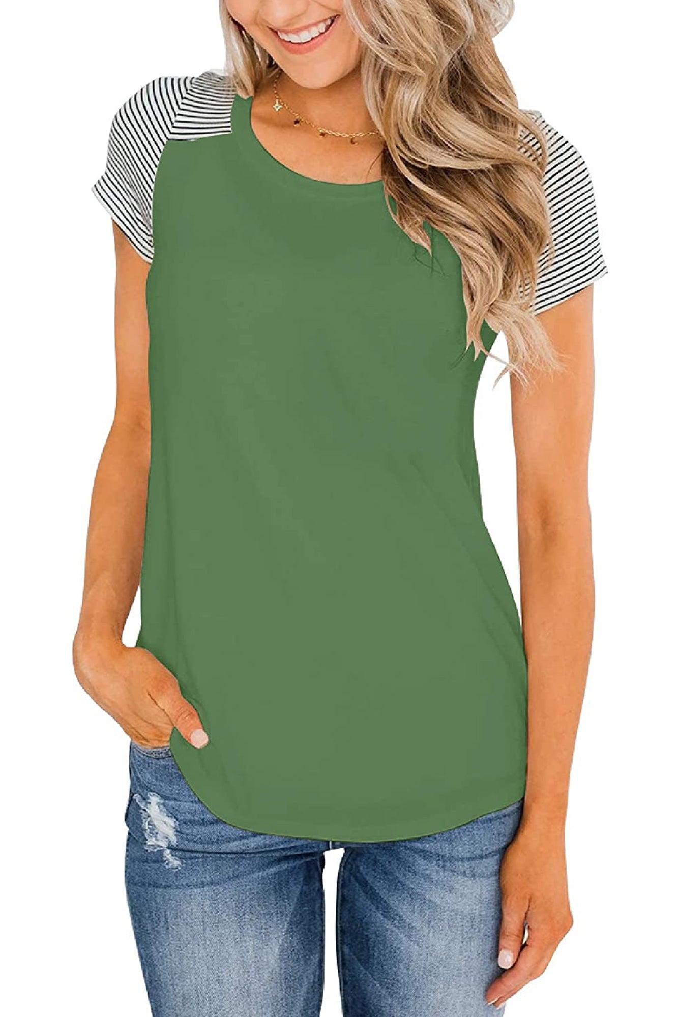 Bingerlily Green Short Sleeve Stripe Tops