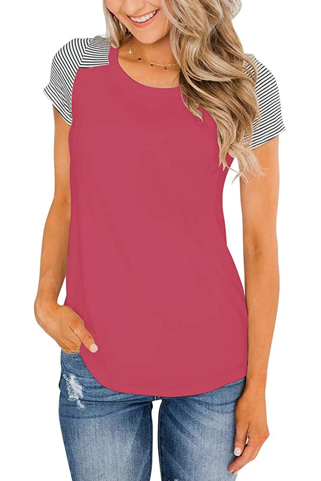 Bingerlily Deep Peach Short Sleeve Stripe Tops