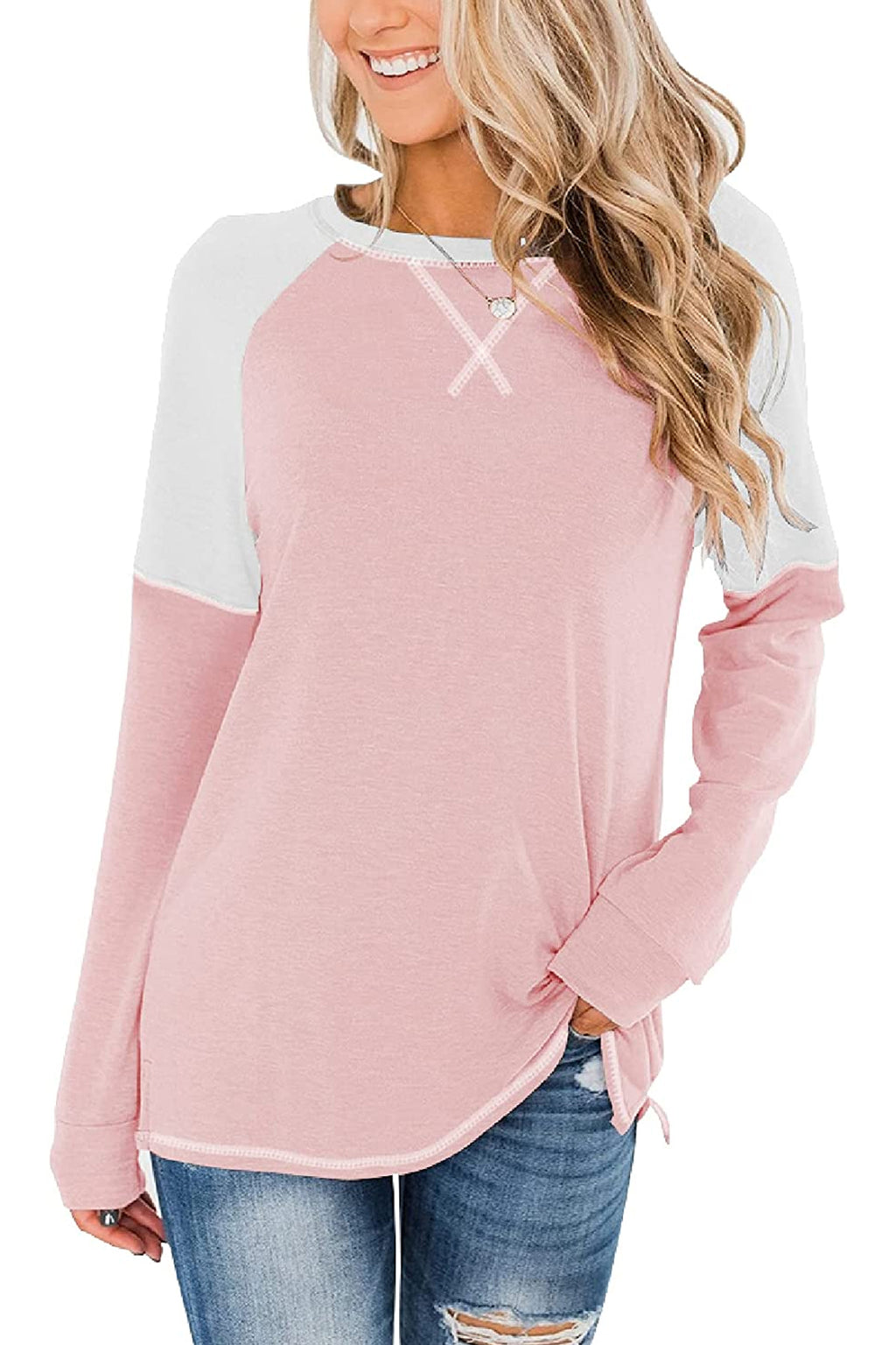 Bingerlily Women Pink White Long Sleeve Tunic Top