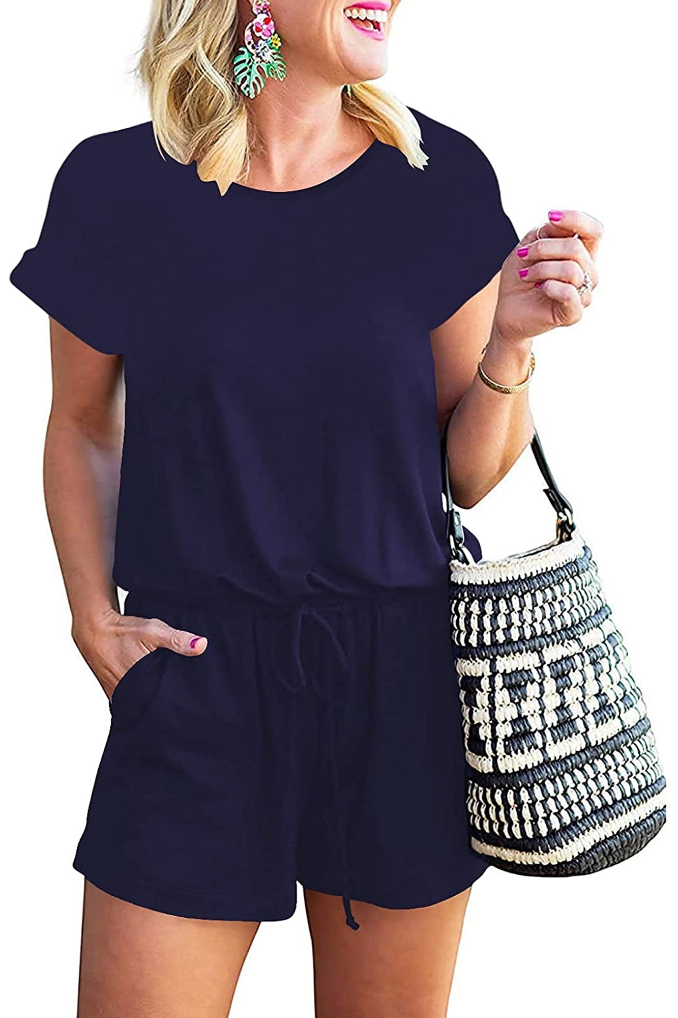 Bingerlily Women Navy Blue Short Sleeve Romper