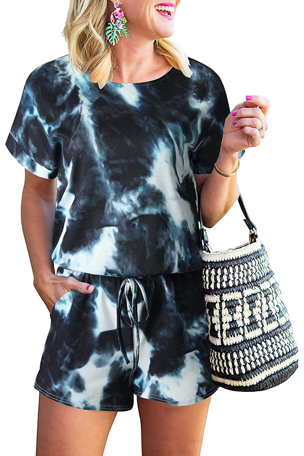 Bingerlily Women Blue Tie Dye Short Sleeve Romper