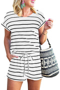 Bingerlily Women White Stripe Short Sleeve Romper
