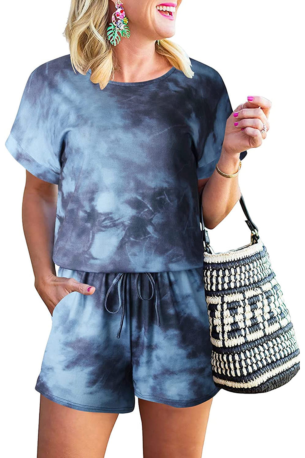 Bingerlily Women Tie Dye Space Short Sleeve Romper