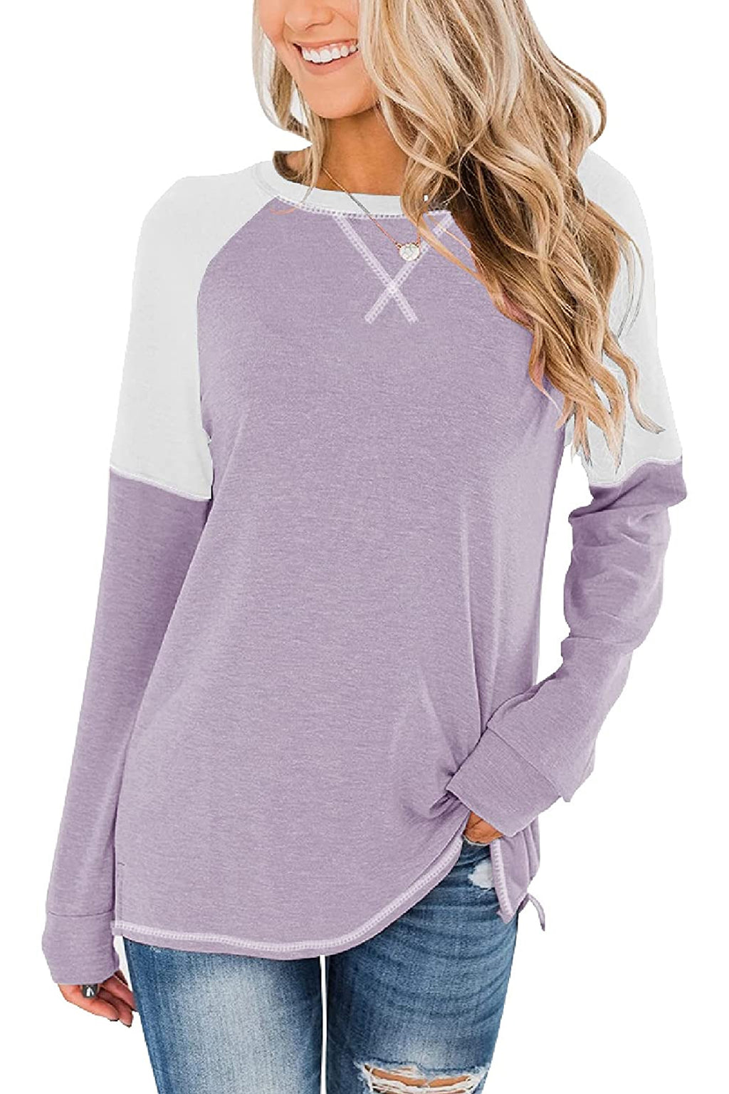 Bingerlily Women Purple White Long Sleeve Tunic Top