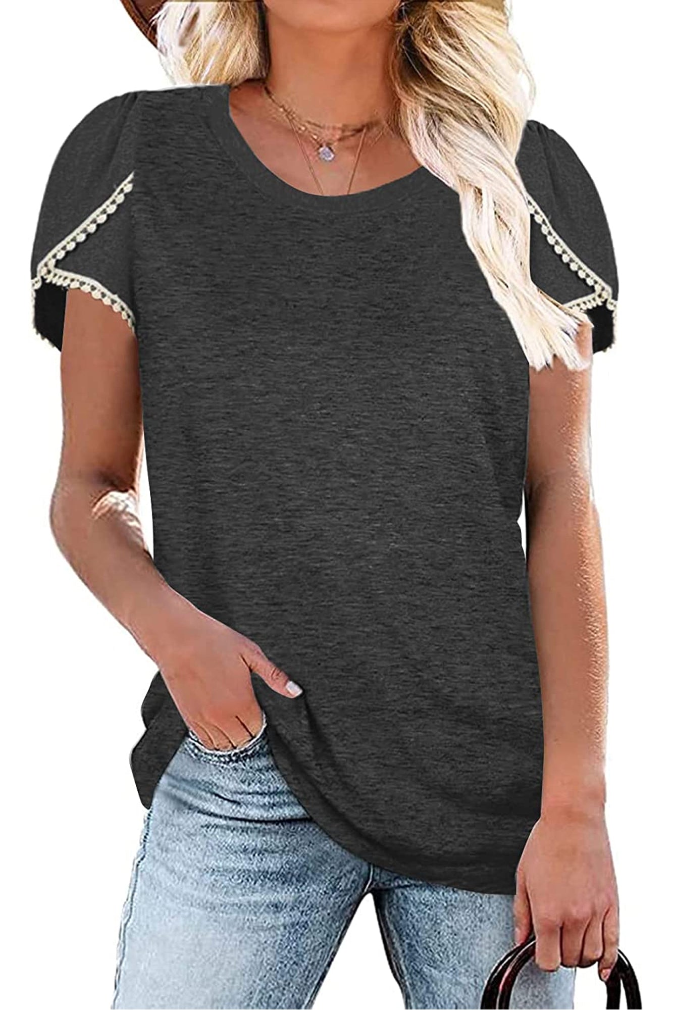 Bingerlily Charcoal Crew Neck Short Sleeve T Shirt with Lace