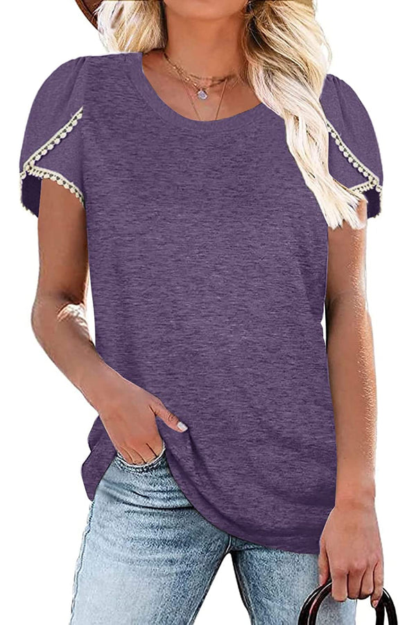 Bingerlily Purple Crew Neck Short Sleeve T Shirt with Lace