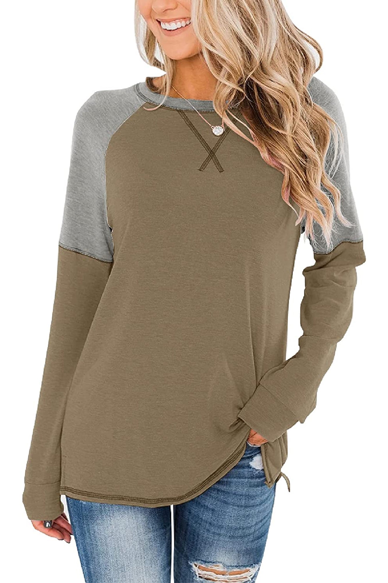 Bingerlily Women Brown Grey Long Sleeve Tunic Top