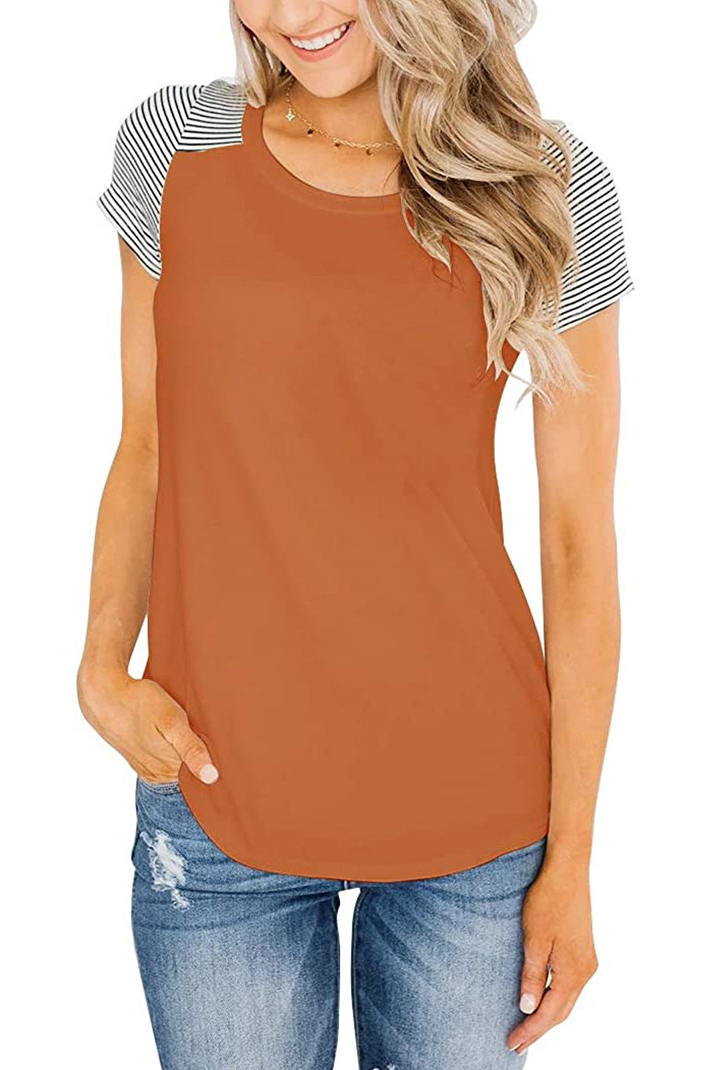 Bingerlily Orange Short Sleeve Stripe Tops