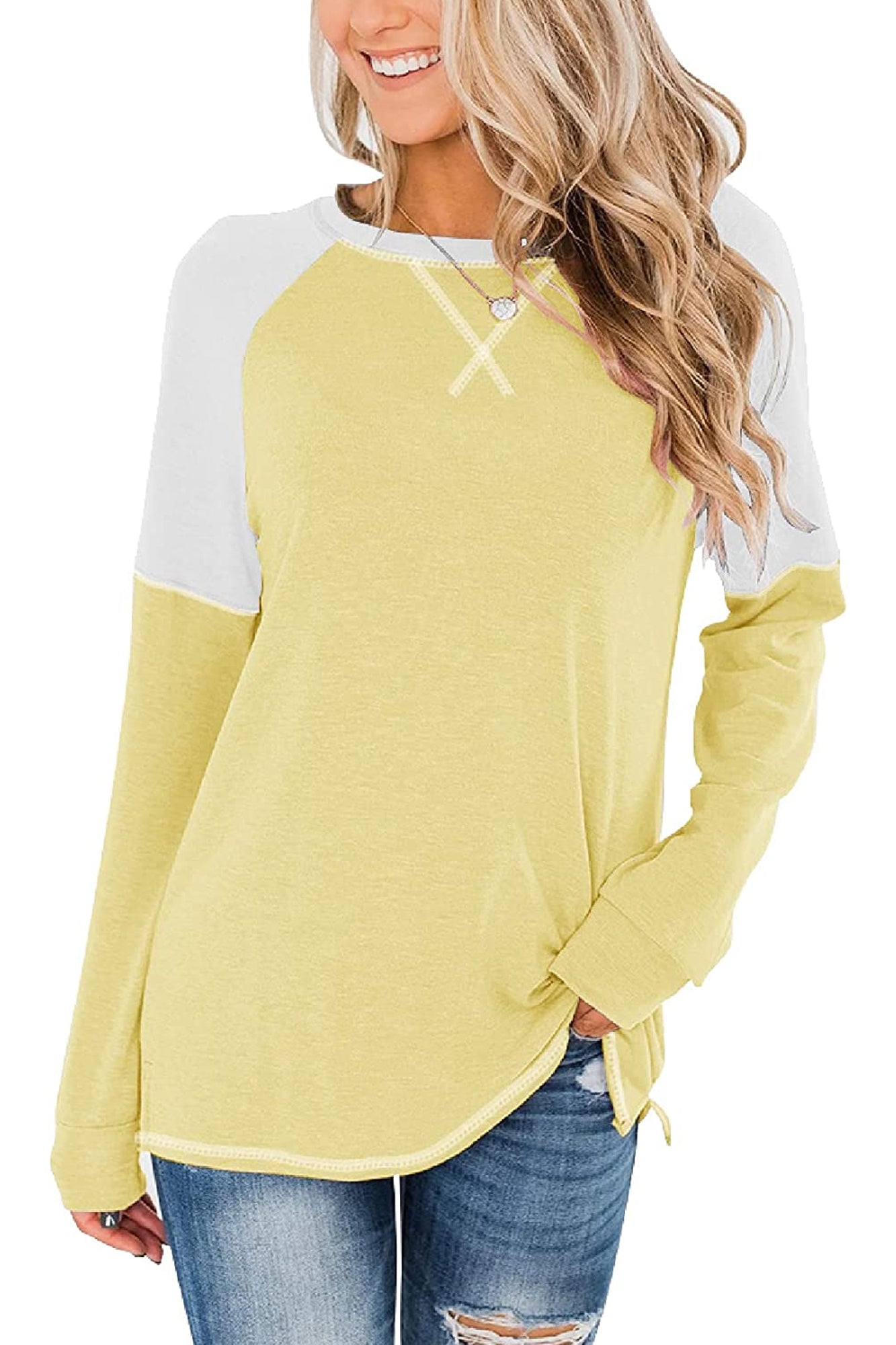 Bingerlily Women Yellow White Long Sleeve Tunic Top