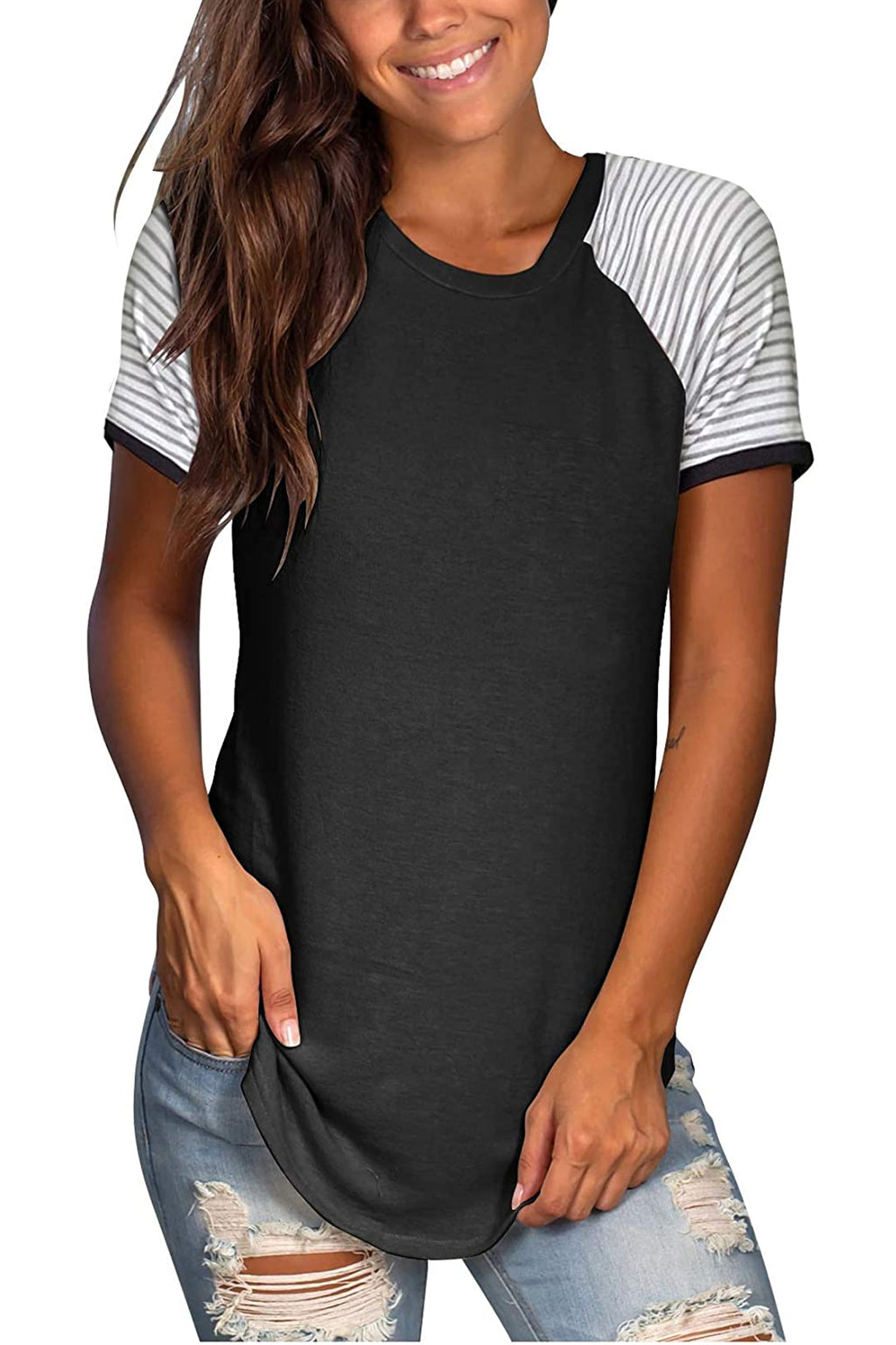 Bingerlily Black Short Sleeve Stripe Tops