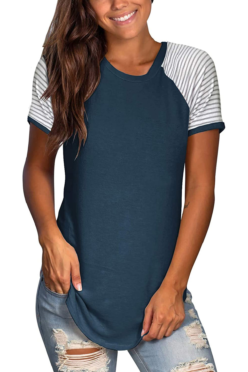 Bingerlily Blue Short Sleeve Stripe Tops