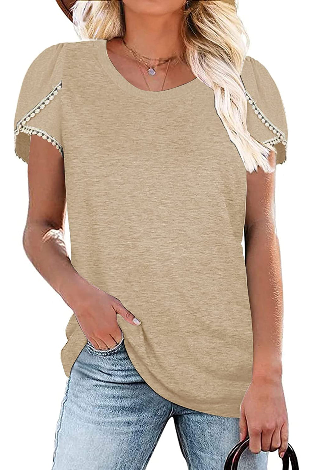 Bingerlily Khaki Red Crew Neck Short Sleeve T Shirt with Lace