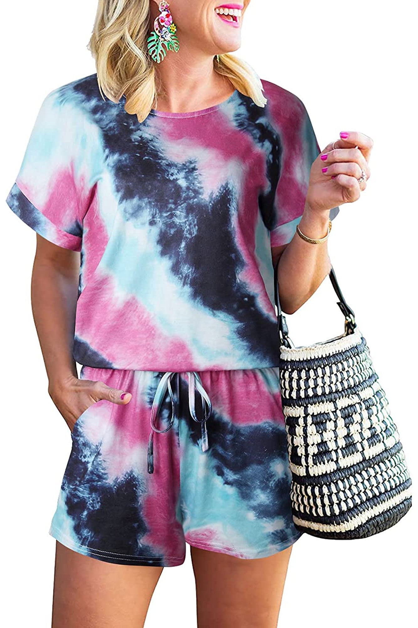 Bingerlily Women Pink Tie Dye Short Sleeve Romper