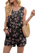 Bingerlily Women Red Flower Black Sleeveless Romper