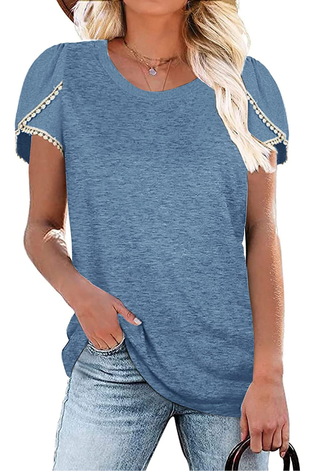 Bingerlily Blue Crew Neck Short Sleeve T Shirt with Lace