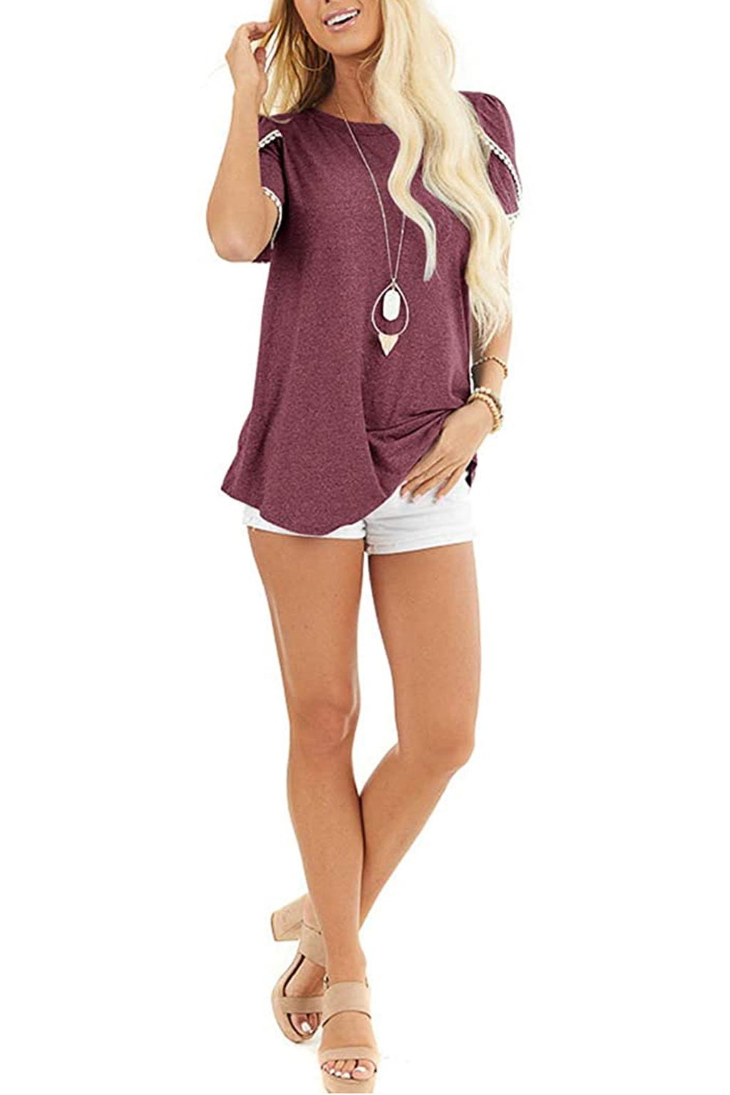 Bingerlily Wine Red Crew Neck Short Sleeve T Shirt with Lace