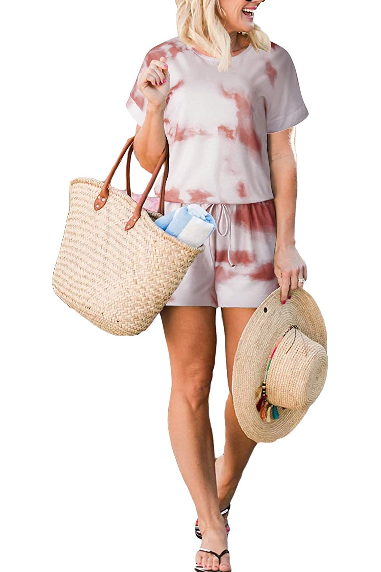Bingerlily Women Tie Dye Rust Short Sleeve Romper