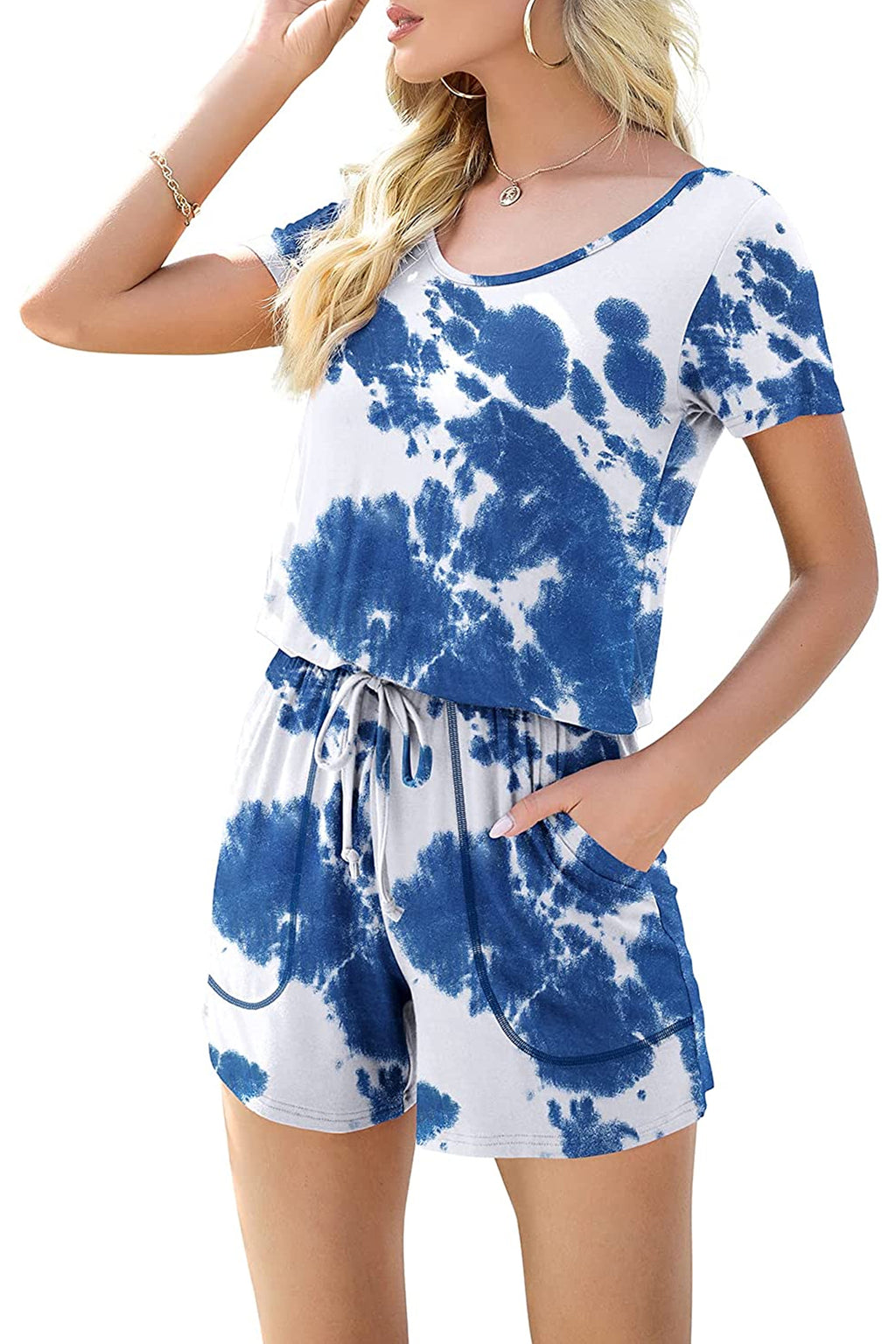 Bingerlily Women Tie Dye Blue Short Sleeve Romper