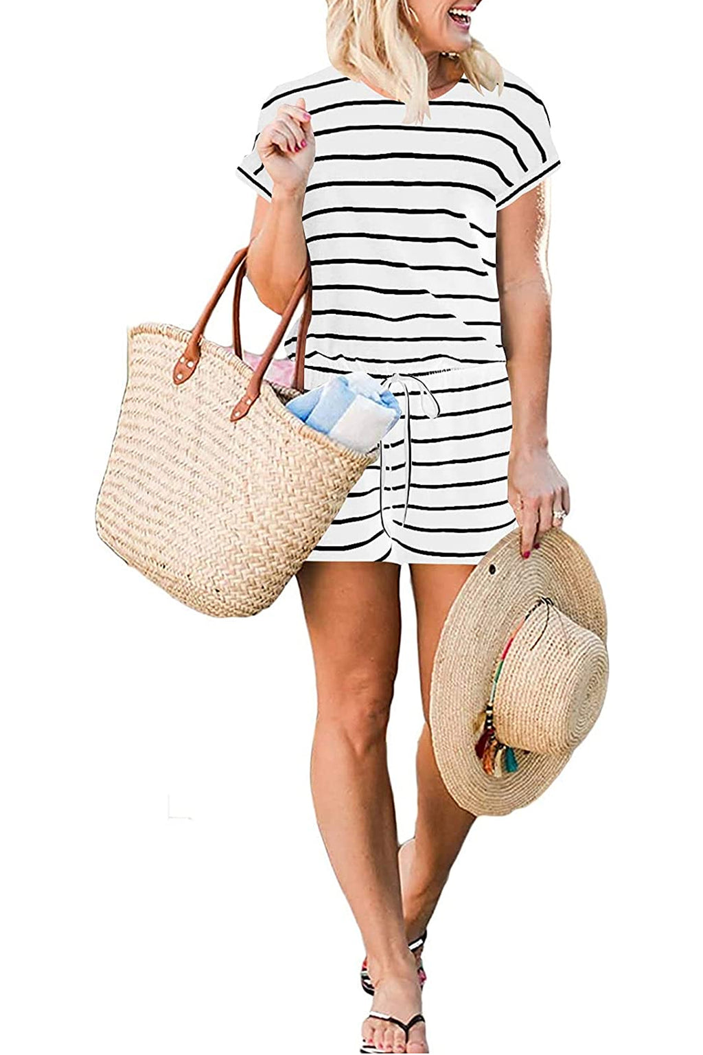 Bingerlily Women White Stripe Short Sleeve Romper
