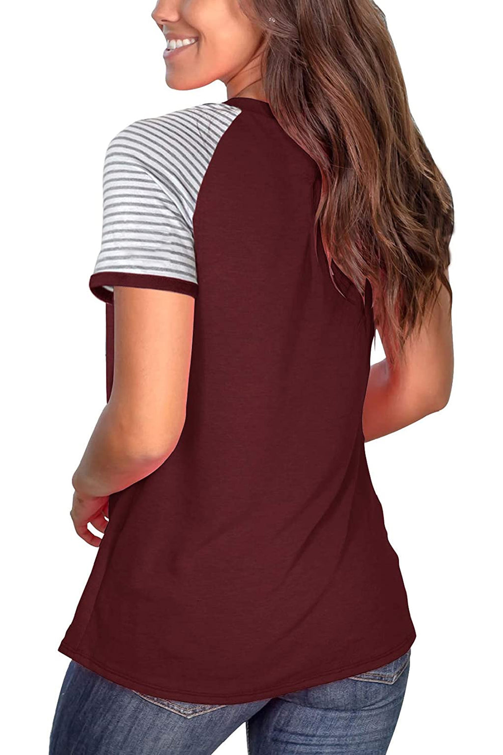 Bingerlily Wine Red Short Sleeve Stripe Tops