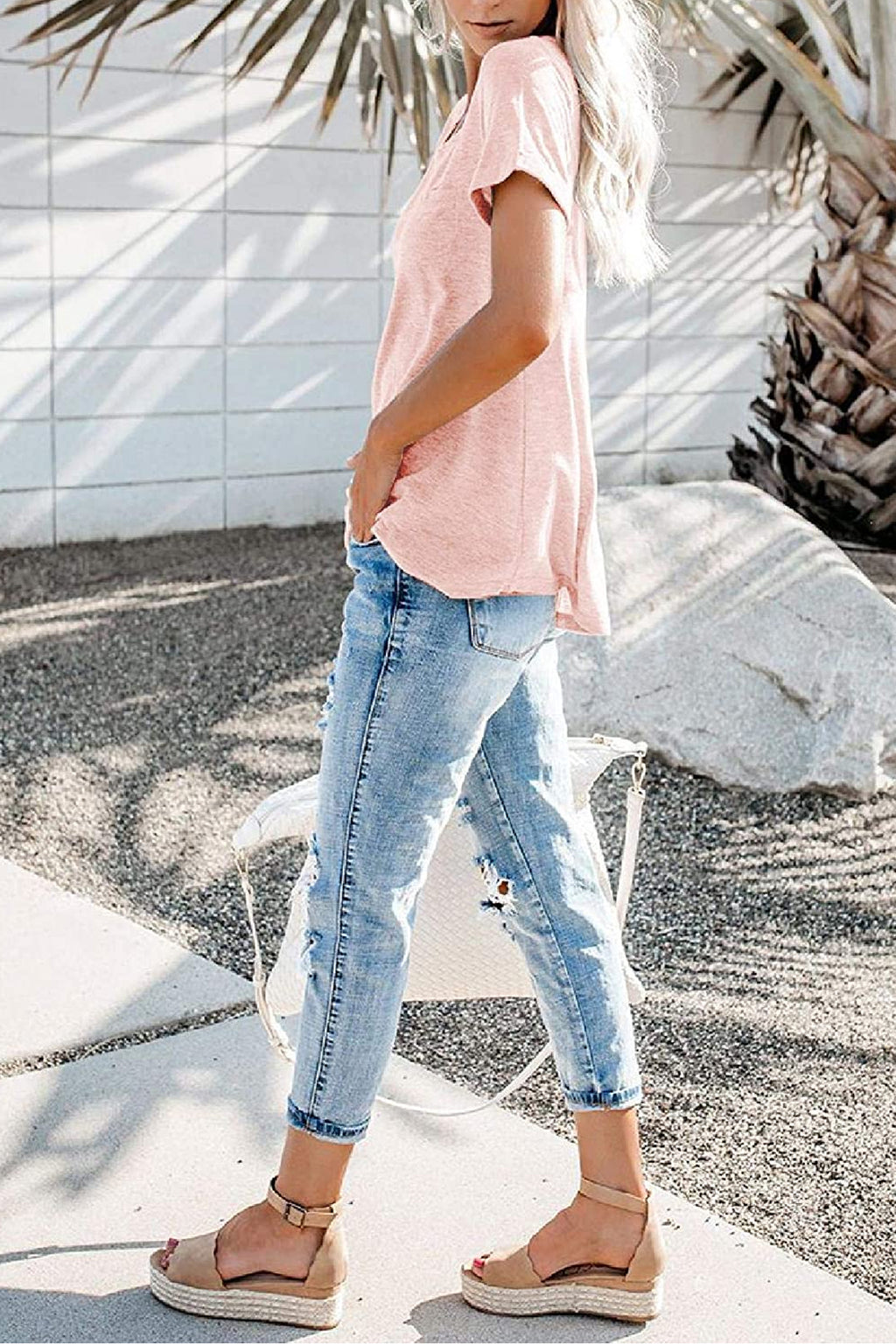 Bingerlily Light Pink Roll Up Short Sleeve T Shirt