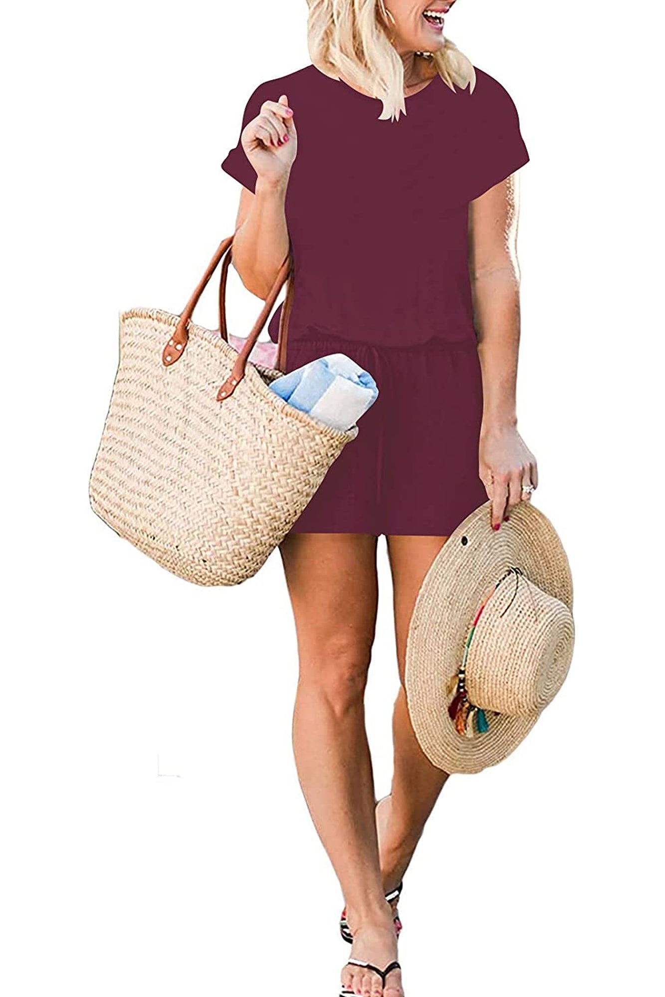 Bingerlily Women Wine Red Short Sleeve Romper