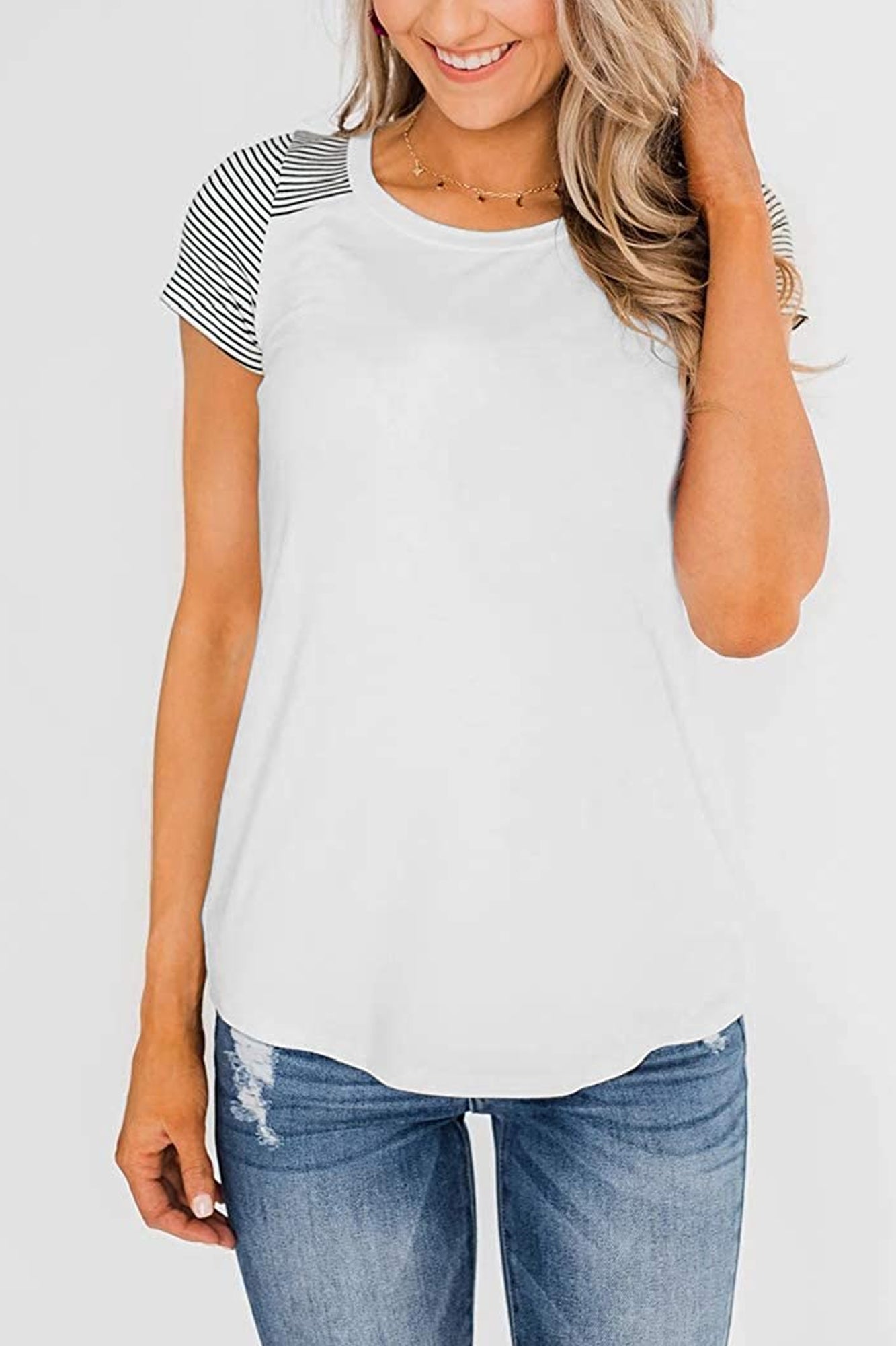 Bingerlily White Short Sleeve Stripe Tops