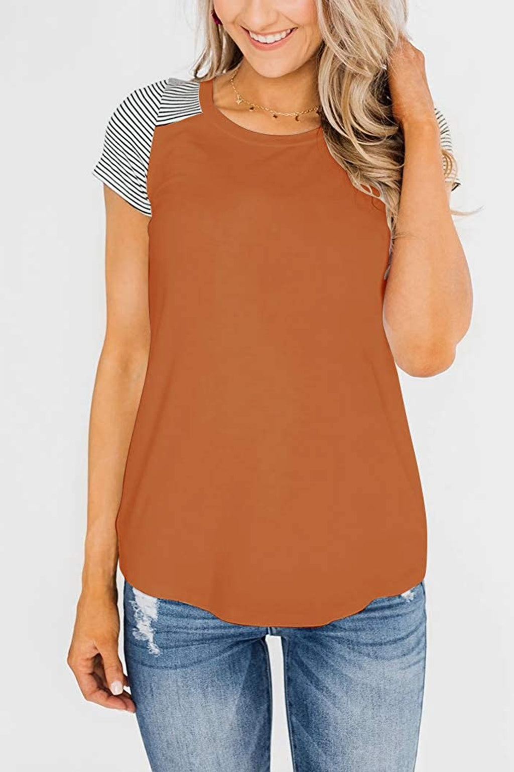 Bingerlily Orange Short Sleeve Stripe Tops