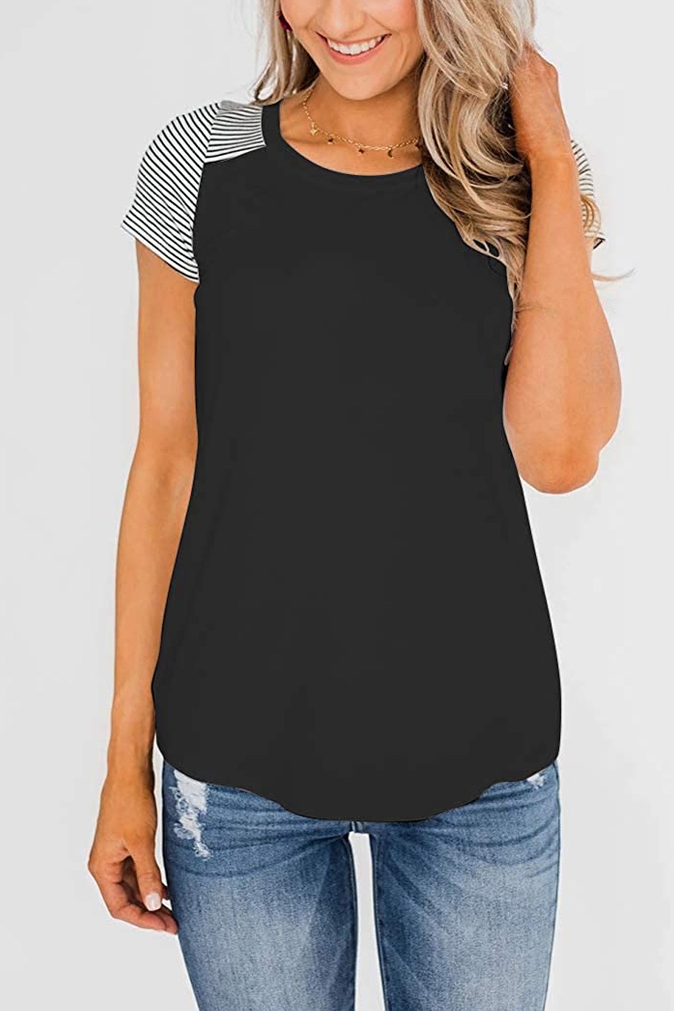 Bingerlily Black Short Sleeve Stripe Tops